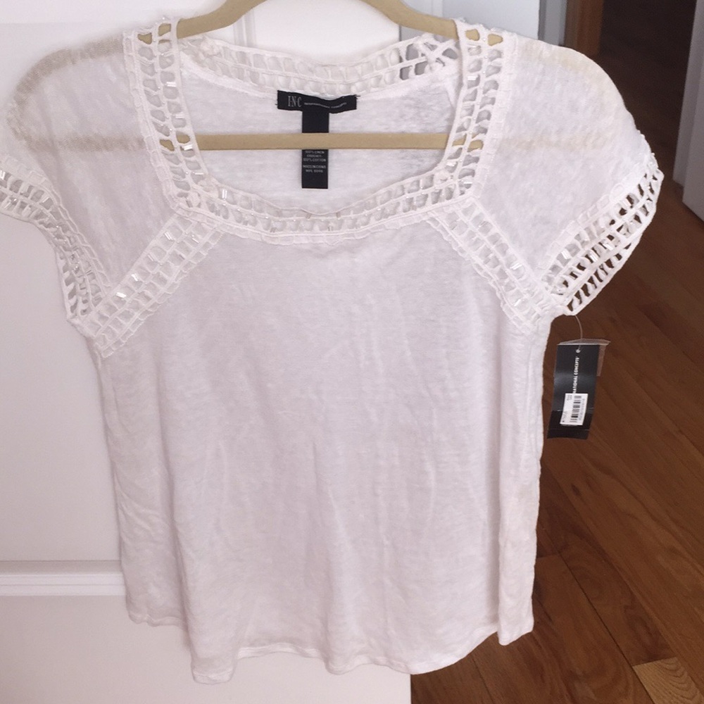 NWT Macy's INC white linen & cotton beaded shirt